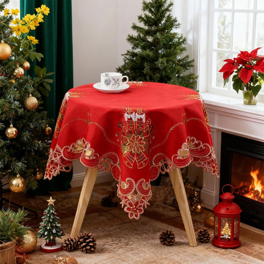 Red Christmas Tablecloth Round 80Cm,Red Christmas Candle Tablecloth Red Tablecloth Round Tablecloth Avoid Fouling,Holiday Gift Dusts Cloth,Polyester Holiday Dining Decor With Candle & Bell Pattern
