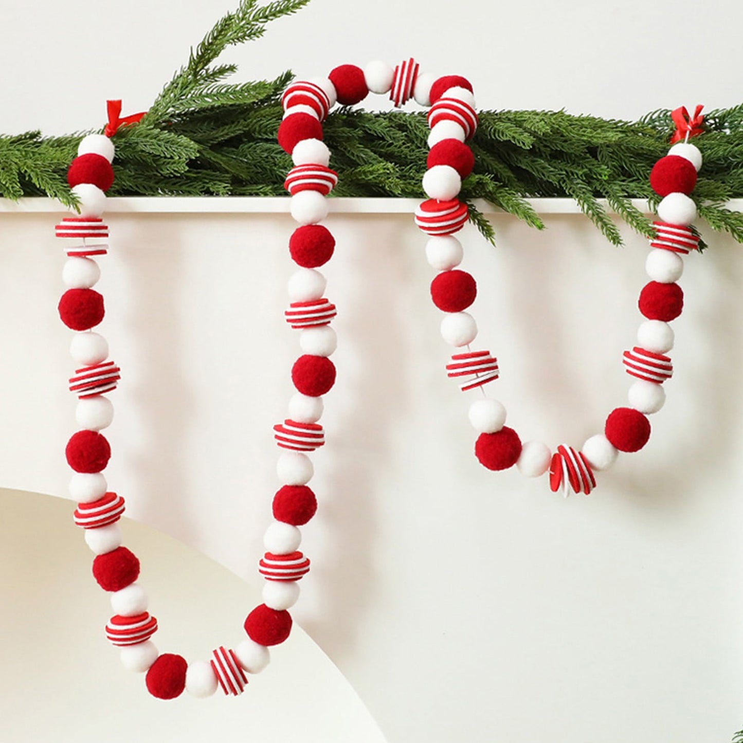 Red And White Christmas Decorations Felt Pom Pom Garland, Festive Red And White Party Decorations For Trees, Mantels, Or Windows With Red And White Pom Poms Holiday Ornament String