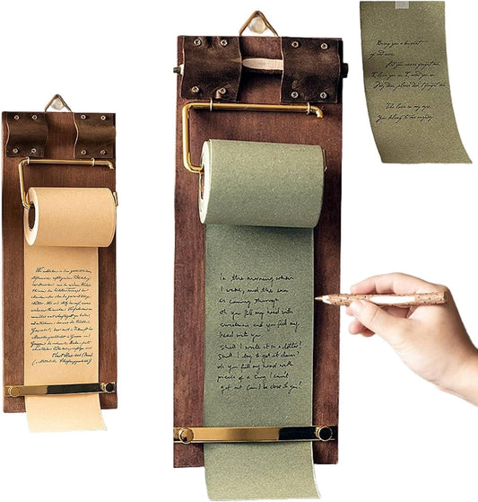 Refillable Wall Mounted Paper Roll,Vintage Clipboard Hanging Memo Board, Refillable Kraft Paper Roll With Cutter, Includes Wooden Pen For Retro Office, Kitchen & Home Decor