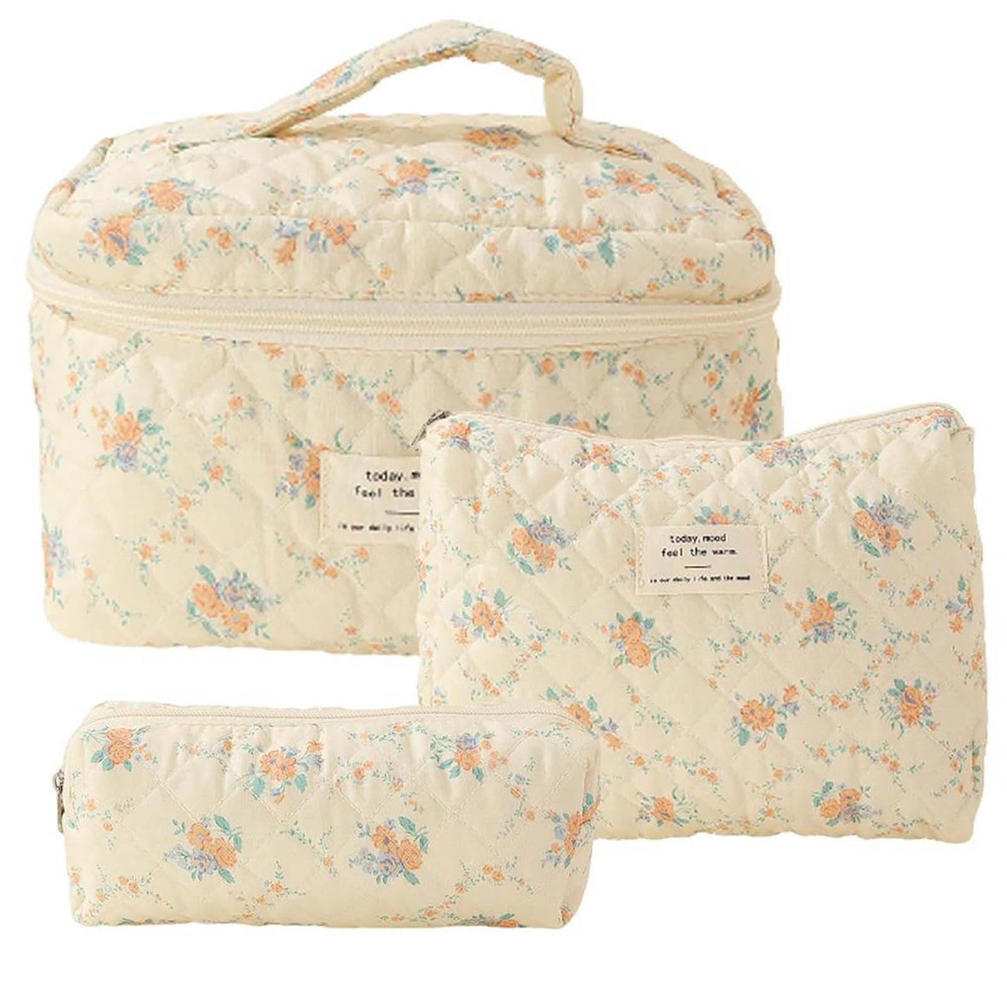 Banzch 3 Pcs Cotton Quilted Makeup Bag Set Floral Cotton Cosmetic Bag Toiletry Travel Organizer Bag For Women Girls,Mothers Day Gifts