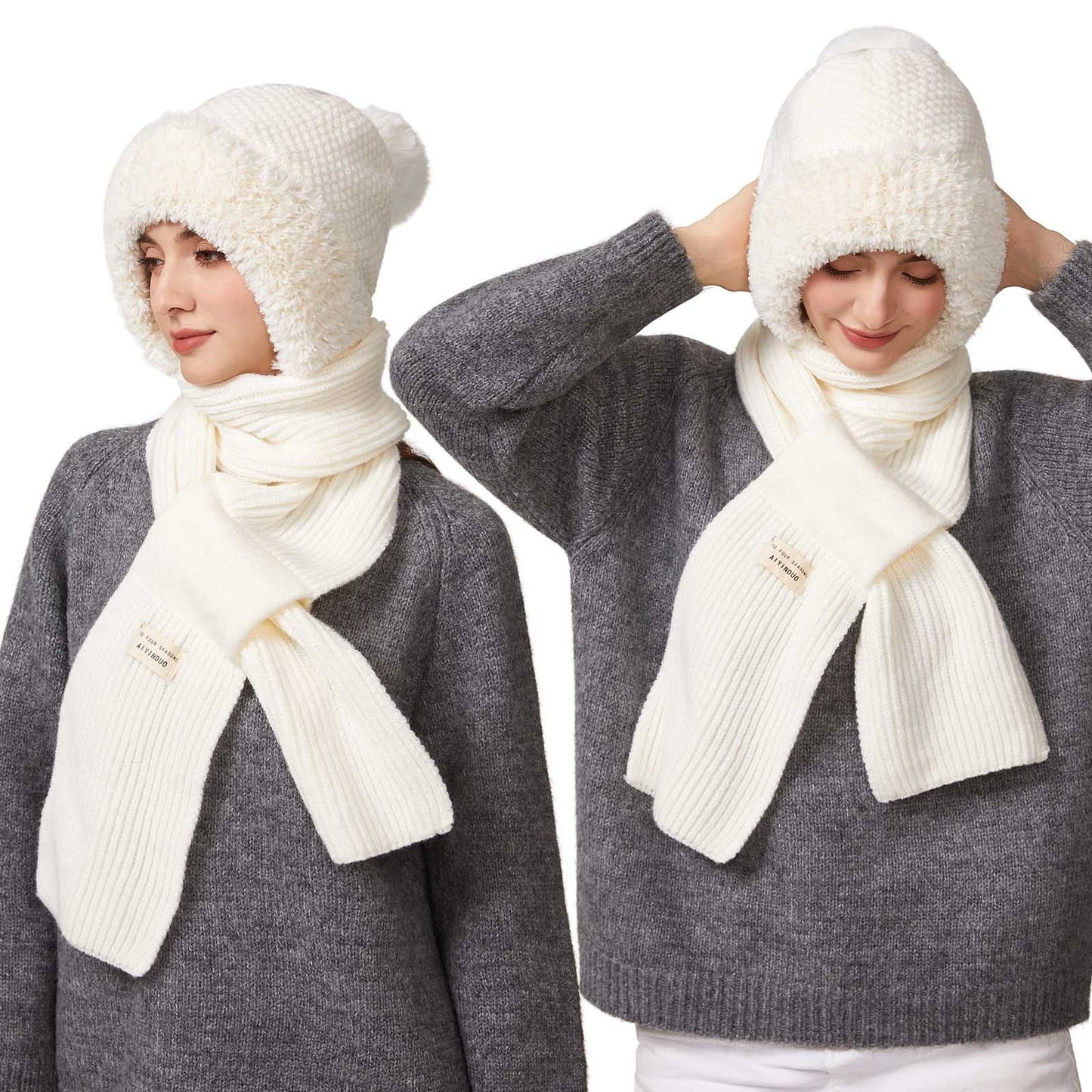Scarf, Hat, Mask 3-In-1 Knit Hat With Scarf And Mask, Fleece Lined Winter For Women, Windproof Warm Knitted Beanie & Face Cover,Indoor Outdoor Hat Winter