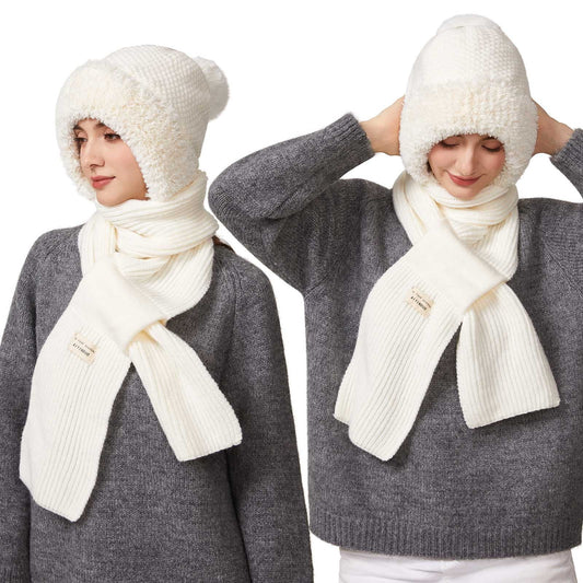 Scarf, Hat, Mask 3-In-1 Knit Hat With Scarf And Mask, Fleece Lined Winter For Women, Windproof Warm Knitted Beanie & Face Cover,Indoor Outdoor Hat Winter