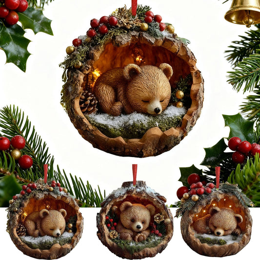 Sleeping Forest Animal Christmas Ornaments Forest Christmas Tree Decoration Woodland Christmas Ornament,Sleeping Owl Christmas Tree Animal Pattern 2D Acrylic Ornament,Forest Animal Acorn Ornament