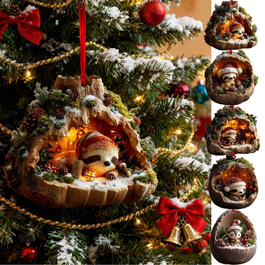 Sleeping Forest Animal Christmas Ornaments Forest Christmas Tree Decoration Woodland Christmas Ornament,Sleeping Owl Christmas Tree Animal Pattern 2D Acrylic Ornament,Forest Animal Acorn Ornament