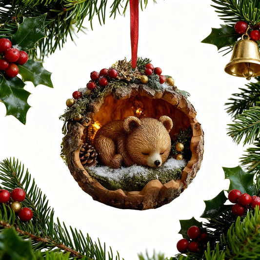 Sleeping Forest Animal Christmas Ornaments Forest Christmas Tree Decoration Woodland Christmas Ornament,Sleeping Owl Christmas Tree Animal Pattern 2D Acrylic Ornament,Forest Animal Acorn Ornament