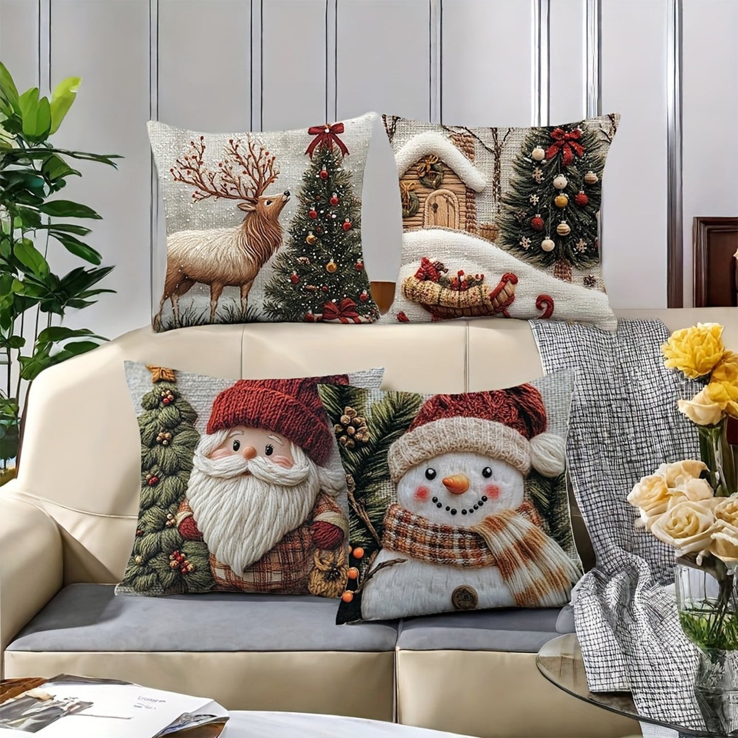 Snowman Pillow Covers Square Christmas Throw Pillow Covers 18''X18'' Linen Xmas Deer & Snowman Plaid Cushion Cover Decorative Square Pillowcases With Invisible Zipper For Living Room Sofa Bedroom
