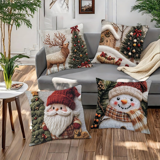 Snowman Pillow Covers Square Christmas Throw Pillow Covers 18''X18'' Linen Xmas Deer & Snowman Plaid Cushion Cover Decorative Square Pillowcases With Invisible Zipper For Living Room Sofa Bedroom
