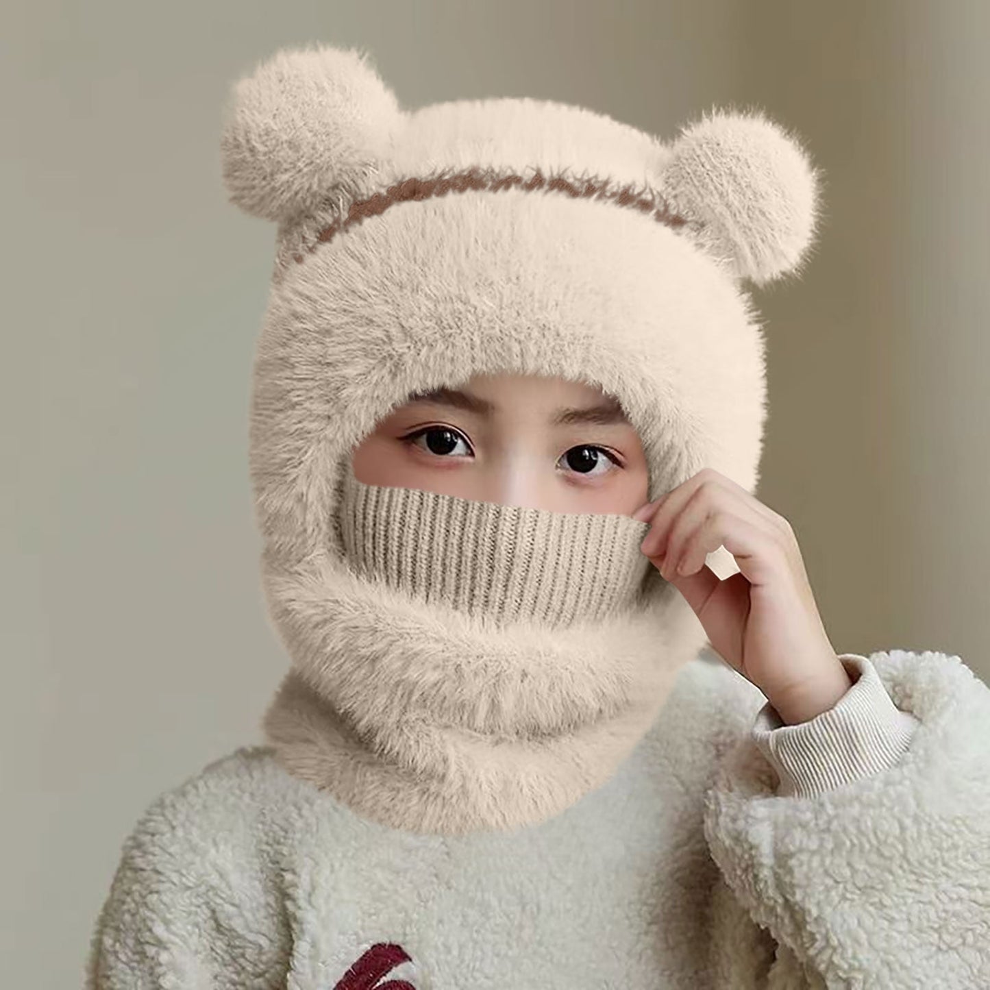 Super Warm Bear Shape Toddler Winter Hat Scarf Set 3-6 Years,Children'S Hat Piece Hairy Double-Layer Pullover Hat Winter Thick Warm Scarf Hat,Unisex Infant Toddler Kids Hat Scarf