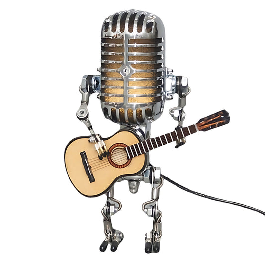 Vintage Microphone Robot Lamp,2025 New Metal Microphone Robot Lamp with Mini Guitar, Cool Robot Desk Lamp Adjustable Joints for Bedroom Desk Home Decor, Gifts for Music LoversWhite,Free Size