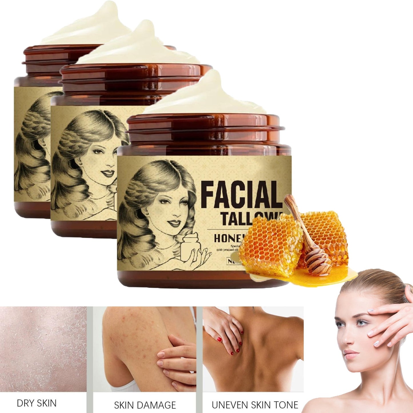 Whipped Beef Tallow and Honey Balm, 4oz,Grass Fed Grass Finished Organic Face Cream, Moisturizer, Body Lotion, Skin Care and Lip Balm, Whipped Moisture Whipped Tallow Honey Balm,Beef Tallow Balm,3PCS