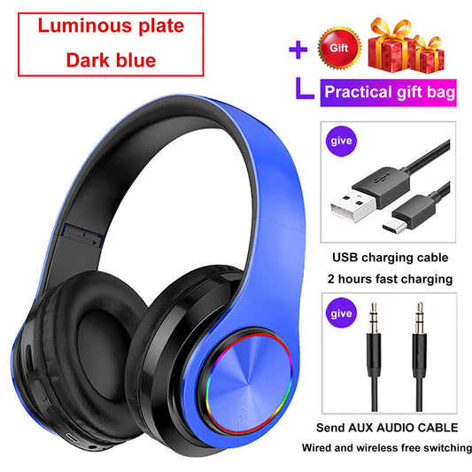 Wireless Bluetooth 5.0 Headphones With Noise Cancelling, Over-Ear Foldable Headset With Tf Card/Fm Radio/Aux Support, 10H Playtime, Colorful Led Light, Built-In Mic,Festival Gifts