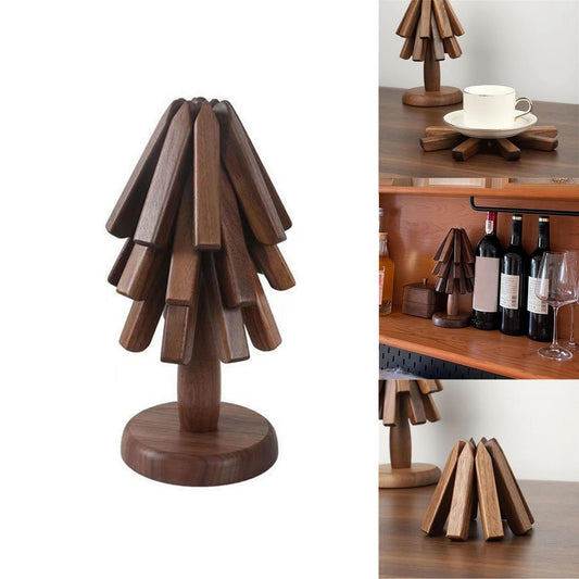 Wooden Trivets For Hot Dishes Wooden Tree Trivet Set, Christmas Trivet,Tree Shape Trivet Set,Trivets For Hot Pots And Pans,Trivets For Hot Dishes - 3 Wooden Trivet + 1 Stand