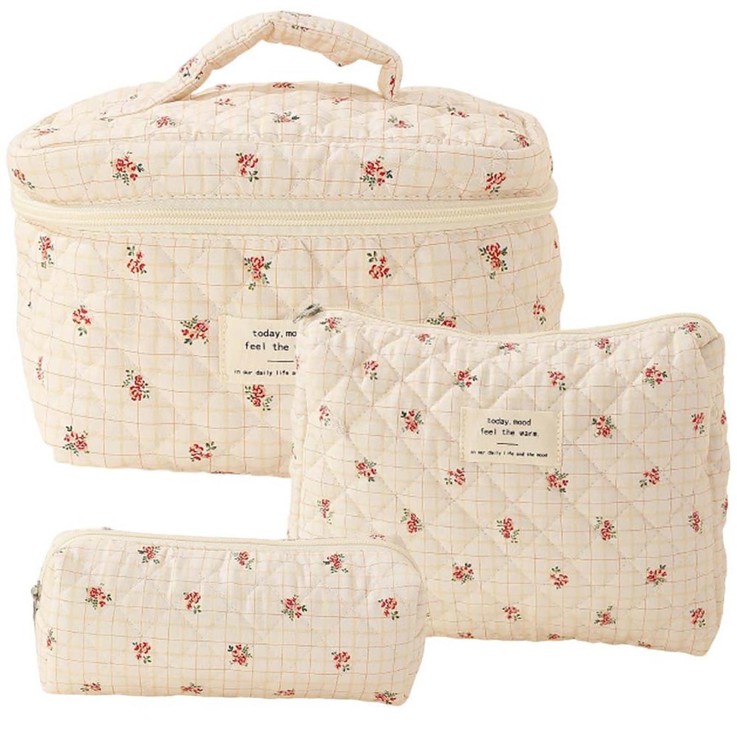Banzch 3 Pcs Cotton Quilted Makeup Bag Set Floral Cotton Cosmetic Bag Toiletry Travel Organizer Bag For Women Girls,Mothers Day Gifts