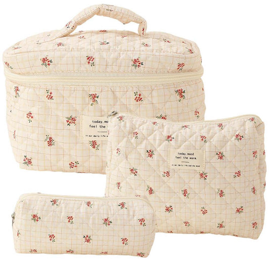 Banzch 3 Pcs Cotton Quilted Makeup Bag Set Floral Cotton Cosmetic Bag Toiletry Travel Organizer Bag For Women Girls,Mothers Day Gifts
