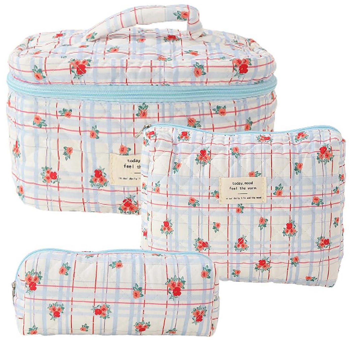 Banzch 3 Pcs Cotton Quilted Makeup Bag Set Floral Cotton Cosmetic Bag Toiletry Travel Organizer Bag For Women Girls,Mothers Day Gifts
