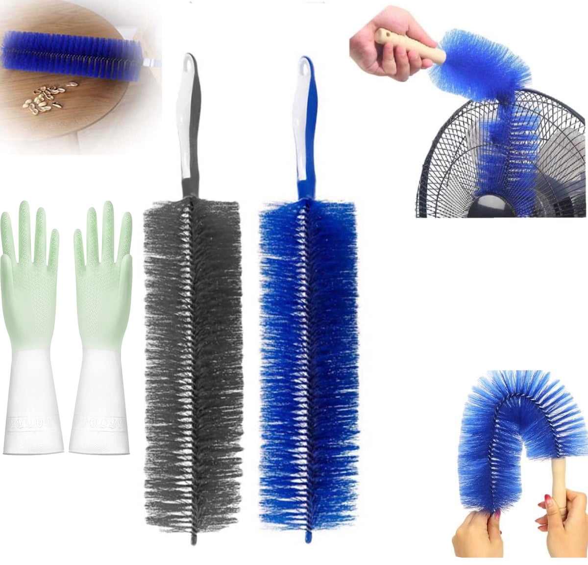 Flexible Fan Dusting Brush (Non-disassembly Cleaning),Fan Brush,Bendable Dusting Brush, Microfiber Dust Collector, Electric Fan Cleaner, Fan Cleaning Brushes,Blue+Gray+Gloves